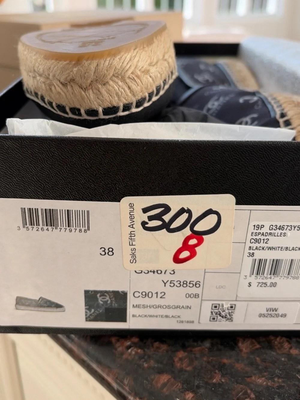 Chanel CC Logo Mesh Espadrilles Black White Size 38 G34673 Box Receipt